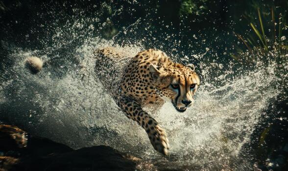 Cheetah leaping through a waterfall photo