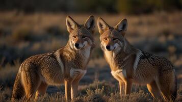 Two coyotes standing in the middle of a field photo