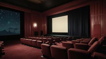 Empty movie theater interior at night. Stars on screen photo