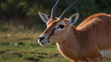 A close up of a gazelle with long horns photo