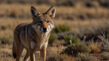 A coyote stands in the middle of a desert photo
