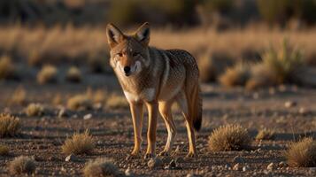 Coyotes in the desert sunset photo
