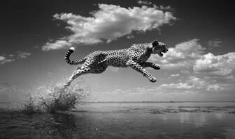 A cheetah leaps across a shallow body of water in a monochrome landscape photo