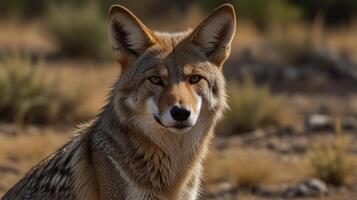 Close-up of a coyote in a desert landscape photo