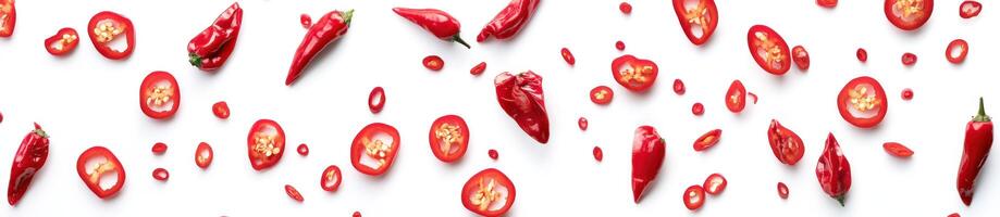 A bunch of red chili peppers on a white background photo