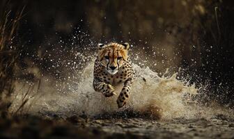 Cheetah leaping through water photo
