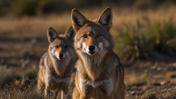 Two Coyotes in a sunlit desert landscape photo