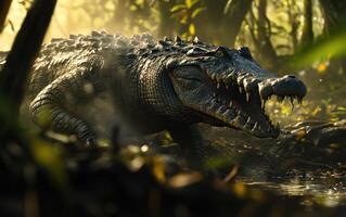 Large crocodile in a jungle setting photo