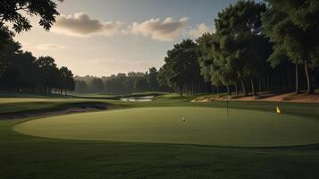 Peaceful golf course at dawn. Lush green fairway, trees, and a tranquil pond photo