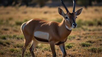 A small antelope in a golden savanna photo