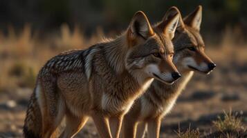 Two Coyotes in profile, golden light photo
