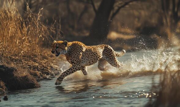 Cheetah running through shallow river photo