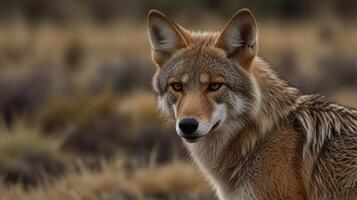 A coyote is looking at the camera in the wild photo