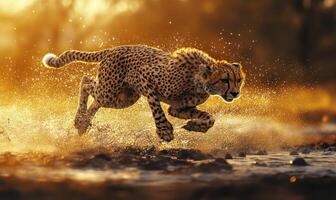 Cheetah running through water at golden hour photo