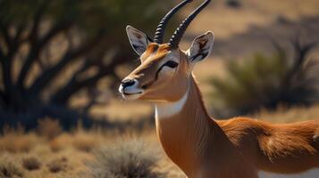 A gazelle with long horns standing in the desert photo