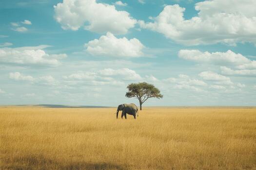 A lone elephant stands in a field with a tree photo