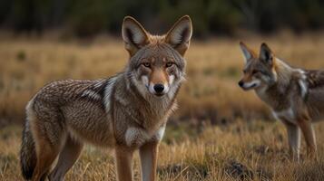Two coyotes in a field photo