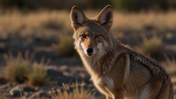 A coyote is sitting in the middle of a field photo