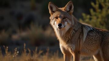 A coyote stands in the grass in the desert photo