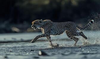 Cheetah running through shallow water photo