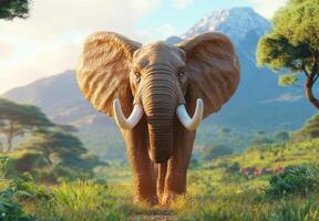An elephant walking through a lush green field photo
