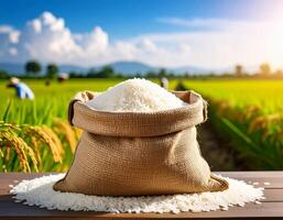 Rice in sack on table in rice field photo