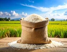 Rice in sack on wooden table with rice field background photo