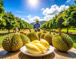 A man is standing in front of a table with durian fruit photo