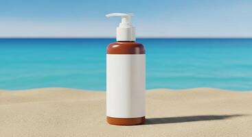 A bottle of lotion on the beach with blue water photo
