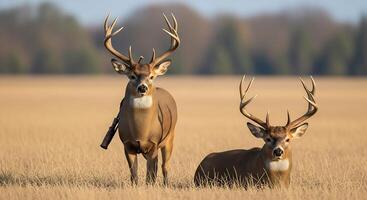 Two deer are standing in a field with their antlers photo