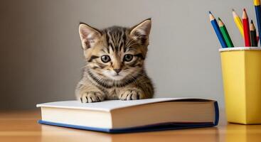 A kitten sitting on top of a book with pencils photo