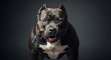 A pit bull dog is standing in front of a black background photo