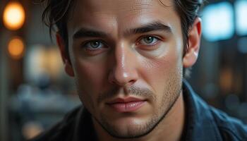 A close up of a man with blue eyes photo
