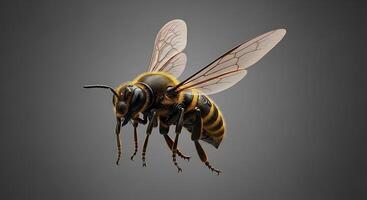A bee with large wings and a black and yellow body photo