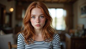 A young woman with red hair and blue eyes photo