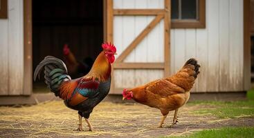 Two roosters standing in front of a barn photo