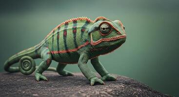 A chameleon is standing on a rock photo