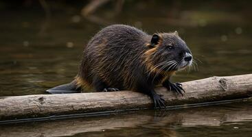 A small animal standing on a log in the water photo