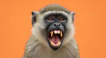 A monkey with its mouth open and teeth showing photo