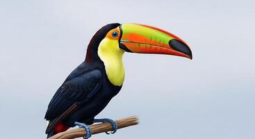 A toucan is sitting on a branch with a blue sky background photo