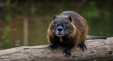 A small animal is standing on a log photo