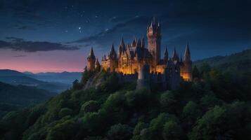 Majestic illuminated castle perched atop a hill under a starry night sky photo