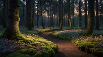 Enchanting Forest Path Illuminated by Soft Light Through Towering Trees photo