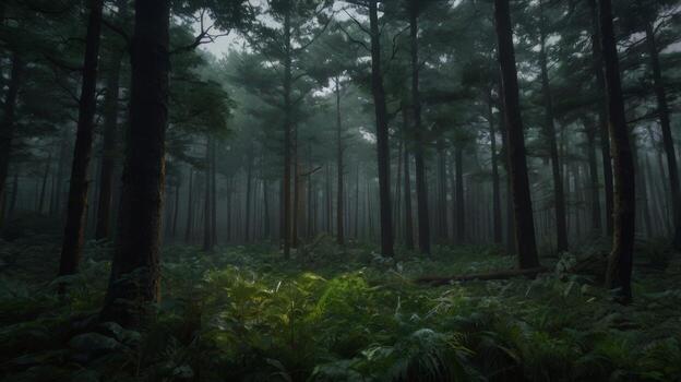 Mysterious woodland scenery featuring lush vegetation and towering trees photo