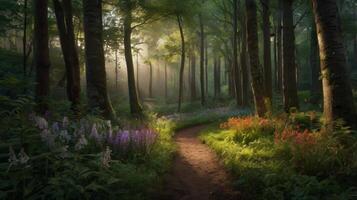 Enchanting Forest Path Illuminated by Sunlight in a Serene Natural Setting photo