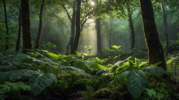 Enchanting Sunlight Piercing Through Lush Forest Canopy creating a Mystical Scene photo