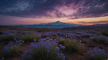 Picturesque lavender field at sunset with mountain range in the distance photo