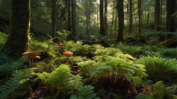 Enchanting Forest Scene with Vibrant Ferns and Eye Catching Wild Mushrooms photo