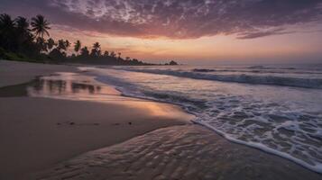 Tropical Beach Paradise at Sunset with Palm Trees and Gentle Waves photo