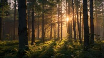 Sunlight Illuminating a Lush Green Forest with Tall Trees and Ferns photo